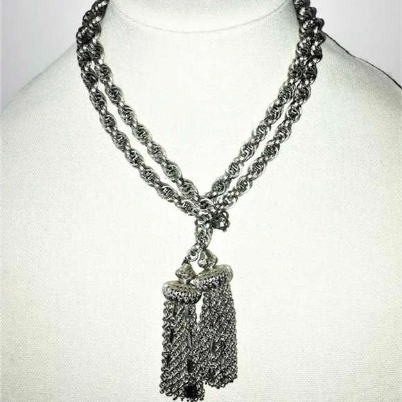 Vintage 1960s Monet Damita Necklace Lariat Rope Chain Tassel Silver Plated - Picture 4 of 11